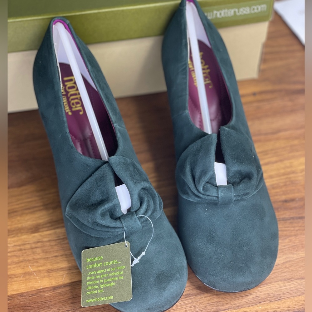 Hotter Donna Heels Suede Green Teal Brow Slip on Comfort Shoes 7.5 NEW